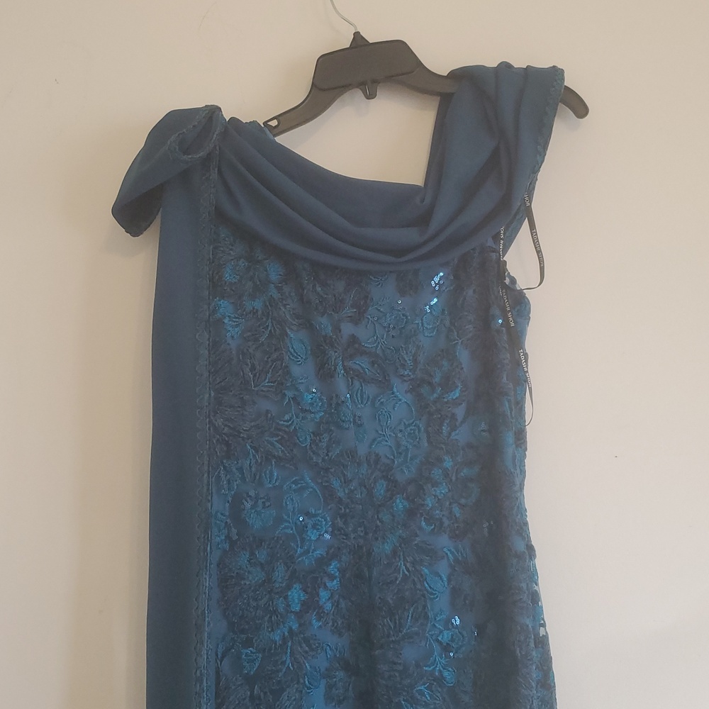 TADASHI SHOJI BEADED FLORAL ONE-SHOULDER GOWN; SIZE:10;COLOR:BLUE - Picture 8 of 13